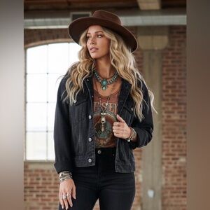 We The Free by Free People Black Washed Hooded Denim Jacket Jean Hoodie